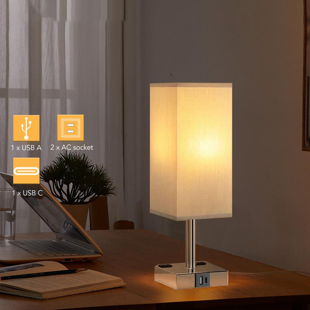 110-240V USB Bedside Table Lamp Fabric Lampshade Desk Light Modern LED Nightstand Light  Study Room