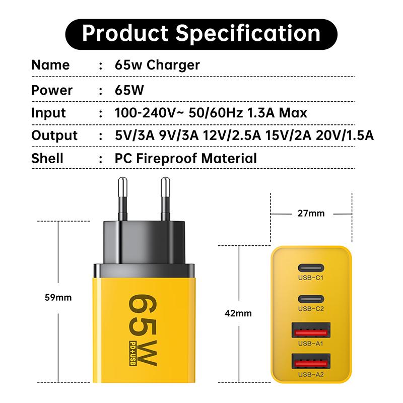 65W Fast Charger 4 Ports PD USB Type C Quick Charge Wall Phone Charger Adapter EU/US/UK/AU Plug Universal For IPhone 16 Xiaomi