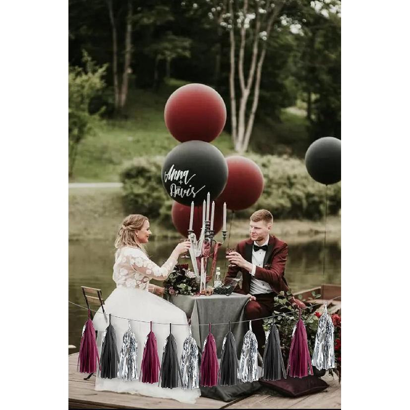 15PCS Burgundy Black Silver Grad Party Decoration Maroon Graduation Tissue Paper Balloon Tassel Garland Banner Party Bunting Streamer Backdrop