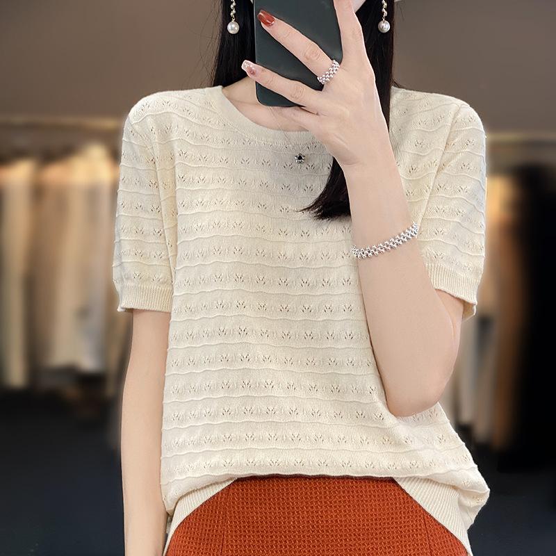 Summer New Round Neck Knitted T-shirt for Women Thin Hollow Leisure Top T-shirt
