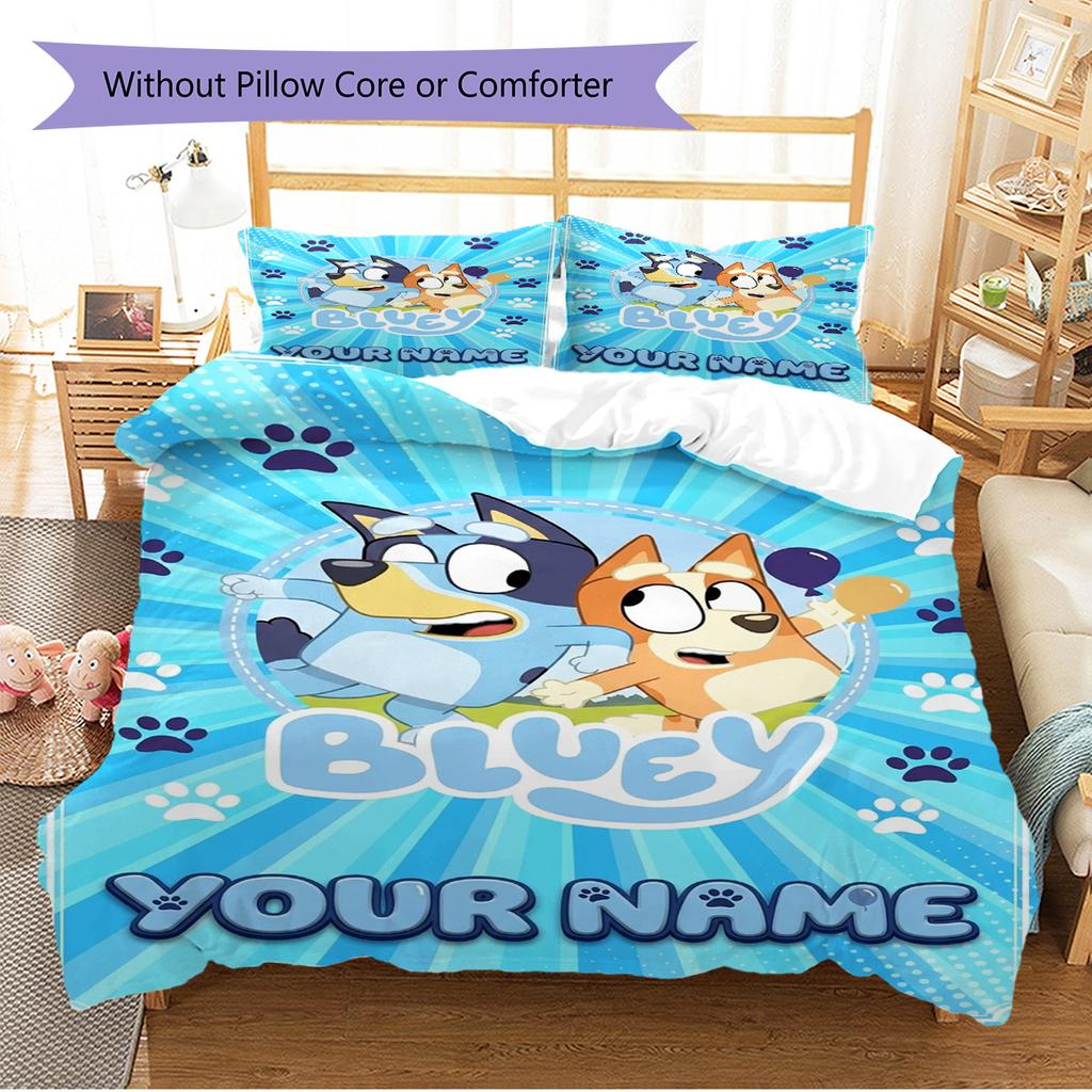 Name Custom Bluey Cartoon Pattern Bedding Set Quilt Cover Pillowcase Home Decor Gift (1 * duvet cover + 2 * pillowcase, without core)