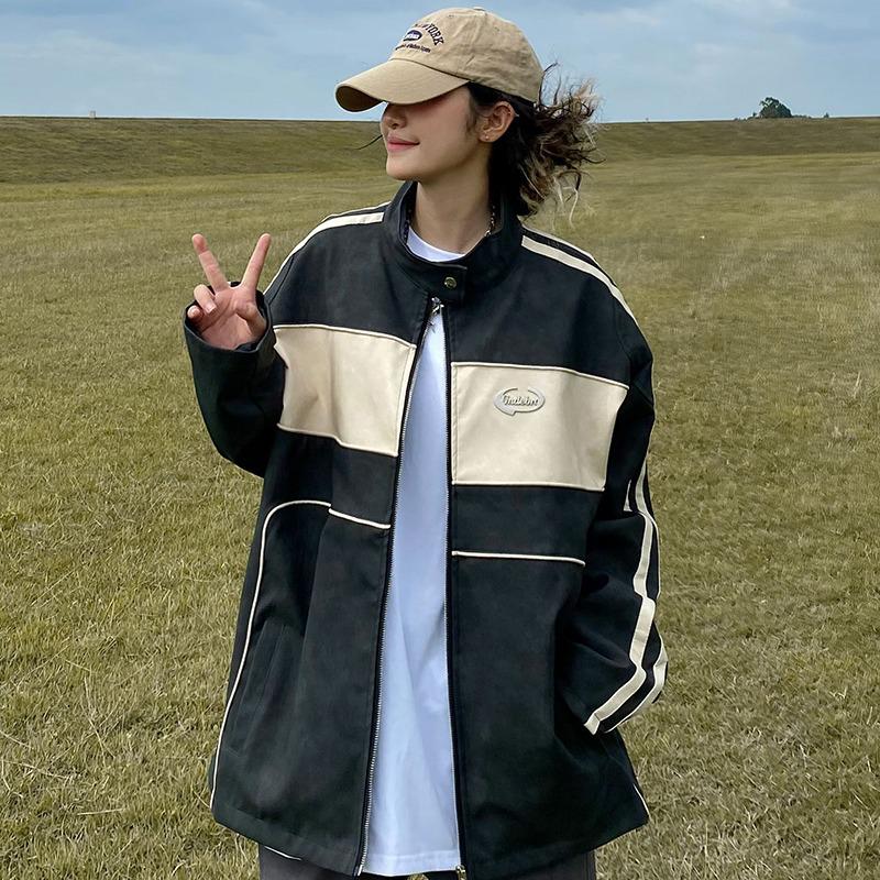 Unisex Trendy Washable Color Block Stand Collar Jacket Medium чёрный