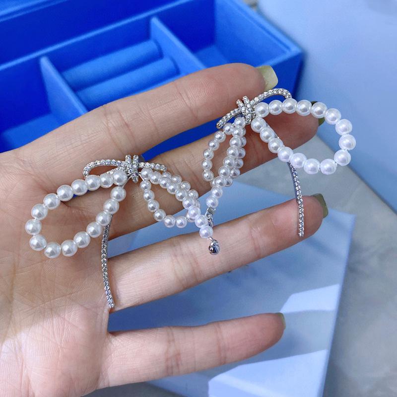 Hejia Exaggerated Ribbon Pearl Line Sterling Silver Earrings for Women - Korean Style Luxury