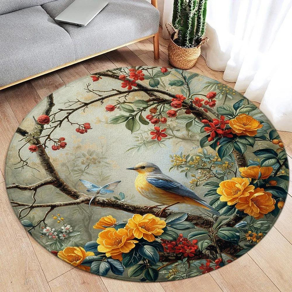 Lotus Flower Koi Cherry Blossom Chinese Style Round Carpet Peacock Butterfly Circular Floor Mat Living Room Bedroom Decor Rugs