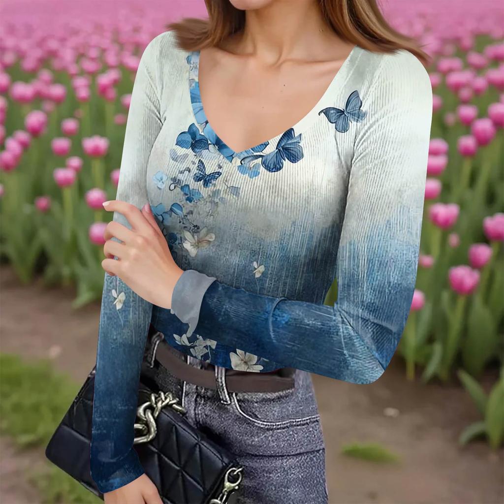 Women's Winter Slim-Fit Base Layer T-Shirt Fashionable Print V-Neck Pullover Long-Sleeved Top