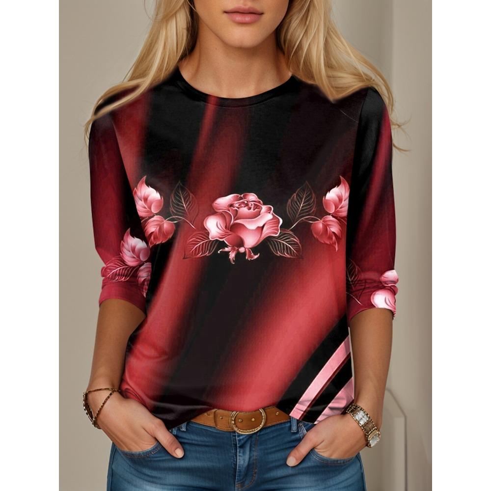 

Женская футболка с цветочным принтом, красный, синий, фиолетовый, топы с длинным рукавом, модные на выходные, с круглым вырезом, стандартный крой, весна и осень XL