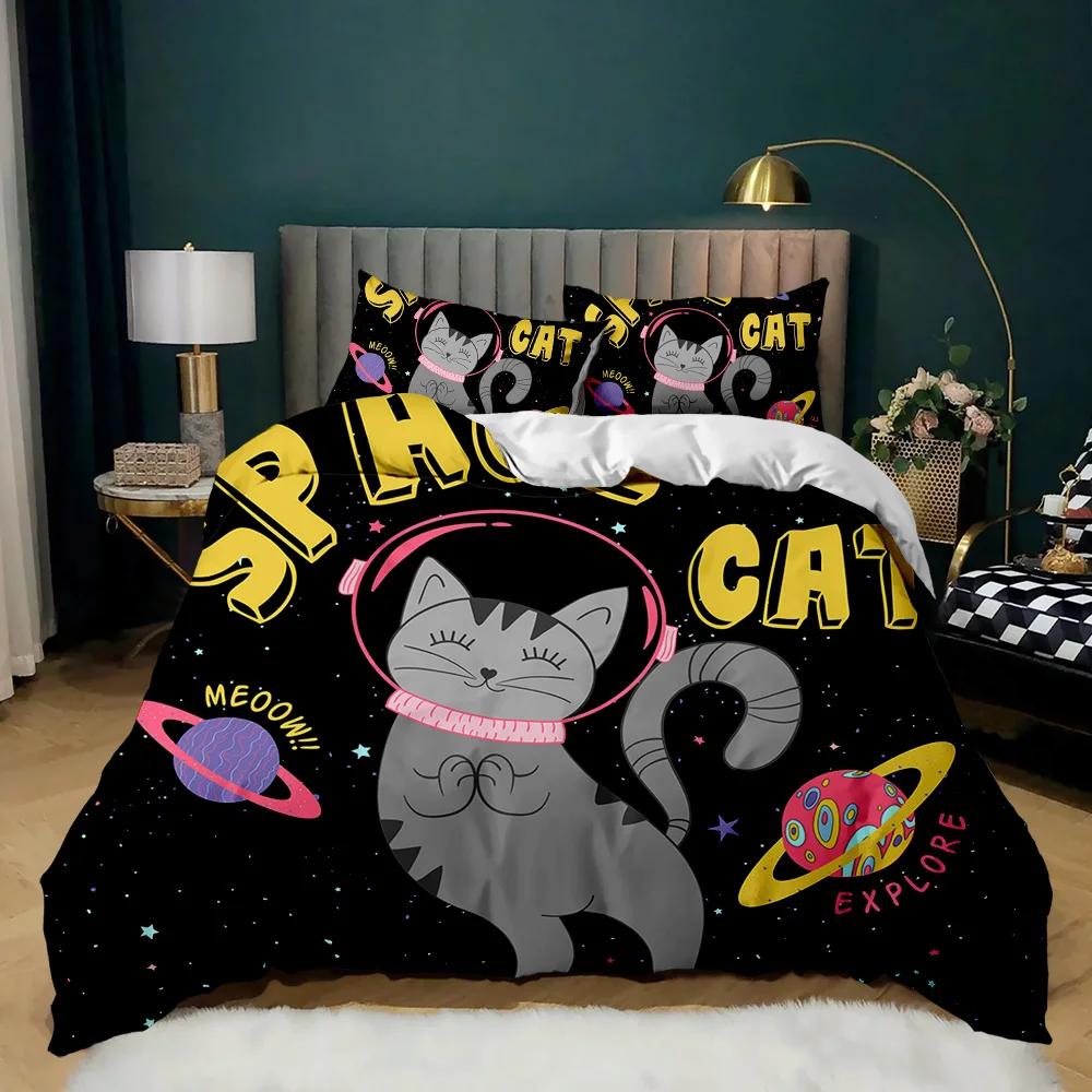 Cartoon Cat Duvet Cover Set Cute Cat Head Room Decor Bedding Set Colorful Pet Twin Double Queen King Size Polyester Qulit Cover