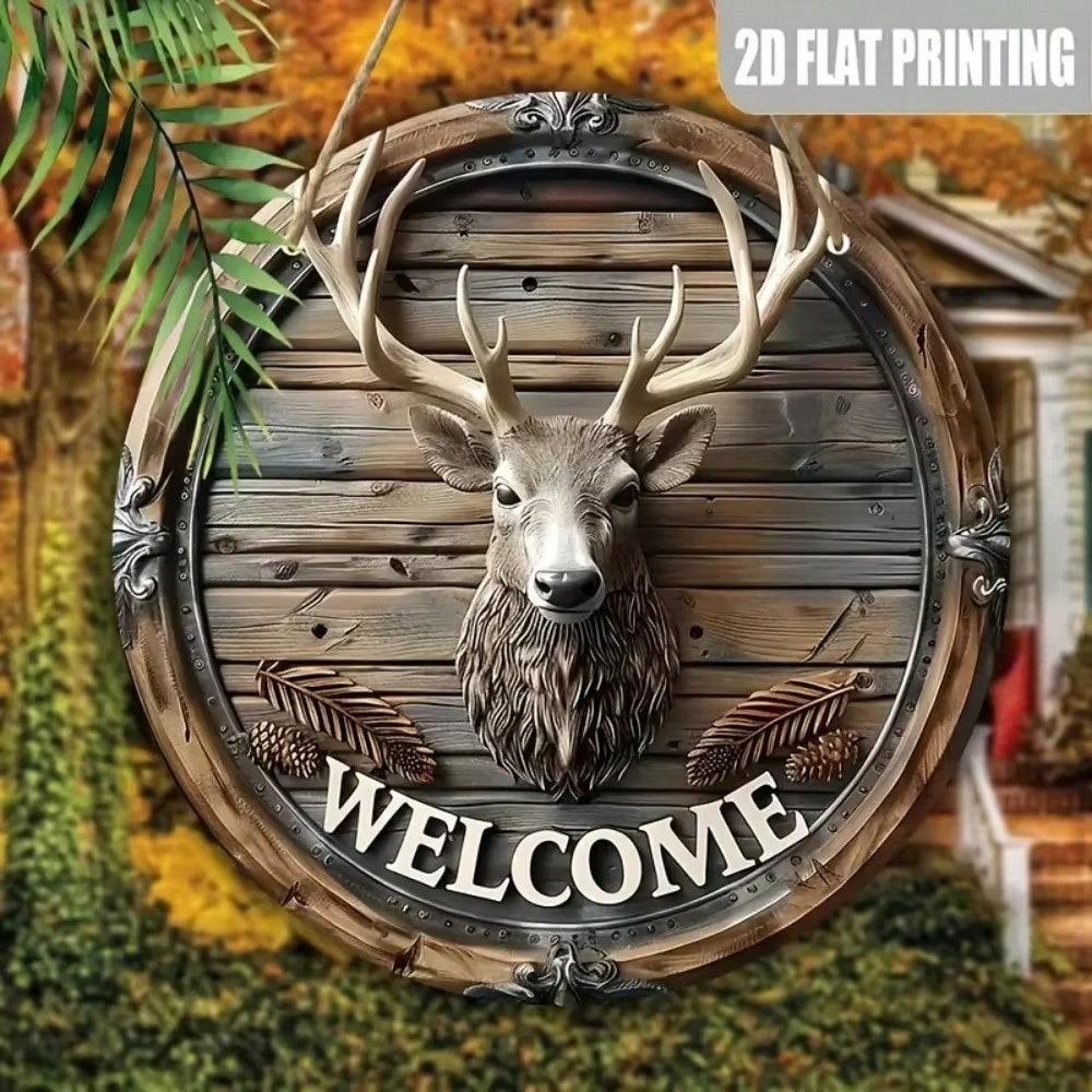 Rustic Deer Antler Welcome Sign Metal Wall Art, Country Home Hanging Plaque Wood Look Decor