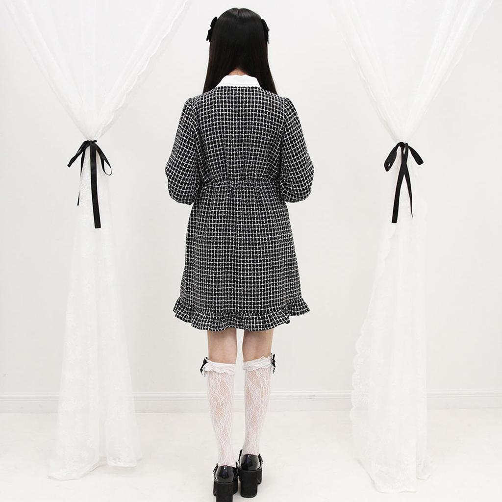 Dear My Love Casual Bow Tie Tweed Dress in Pink and White Women's
