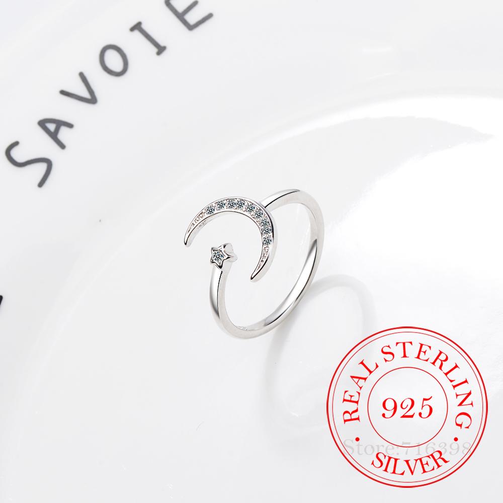 100% 925 Solid Real Sterling Silver Fine Jewelry Moon Star CZ Cocktail Opening Ring Sizable For Women Girl Gift
