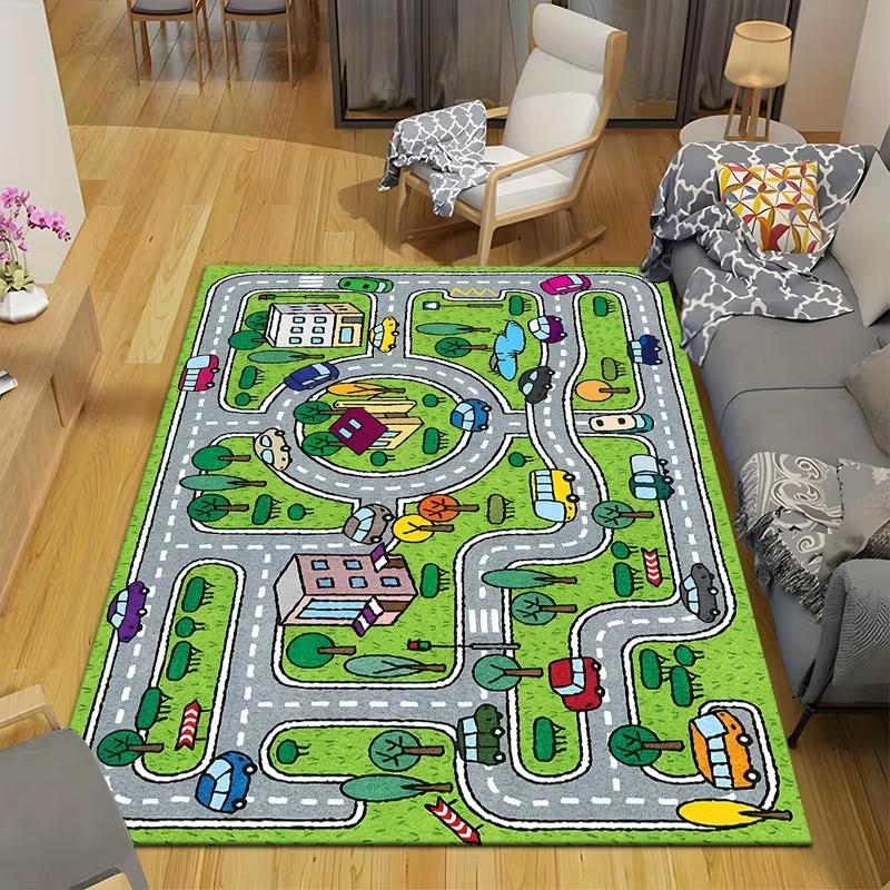 Cute Cartoon Kids Play Mat with Racing Track City Road Amusement Park Elements Designs Soft Educational Decorative Carpet