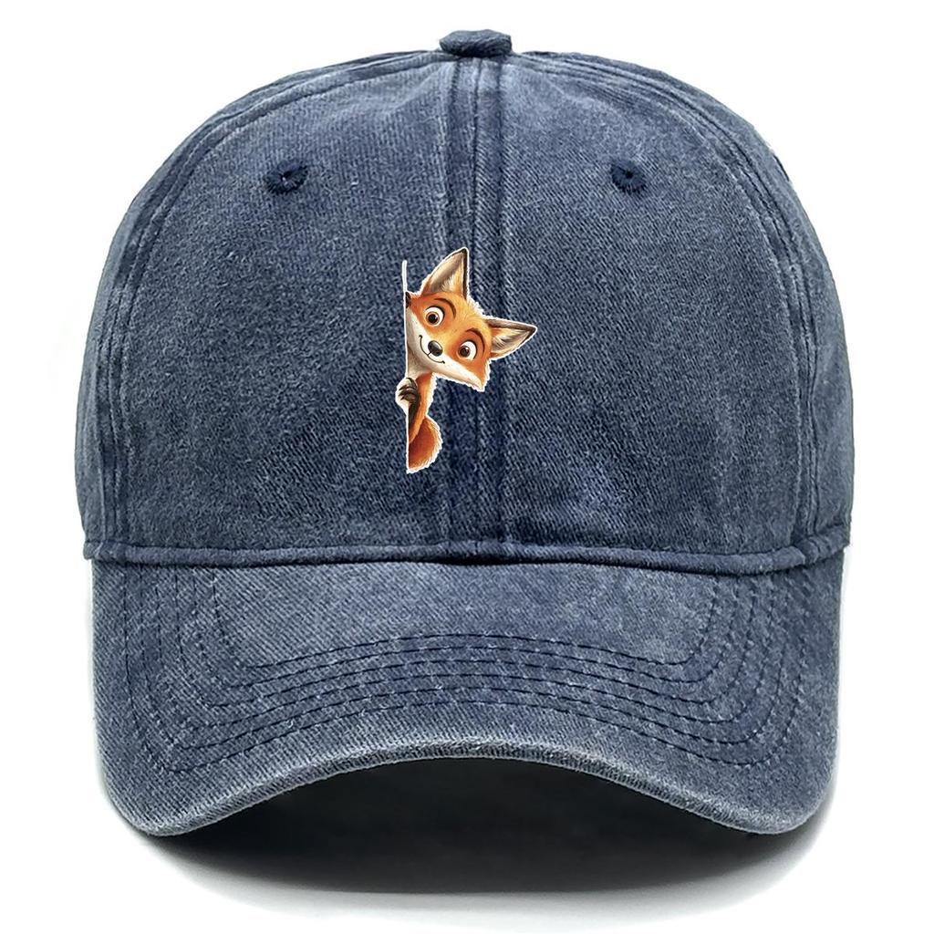 Fox Peeping Print Snapback Sun Hat, Animal Flat Cap Vintage-Inspired Sun Protective Leisure Washed Adjustable Baseball Cap