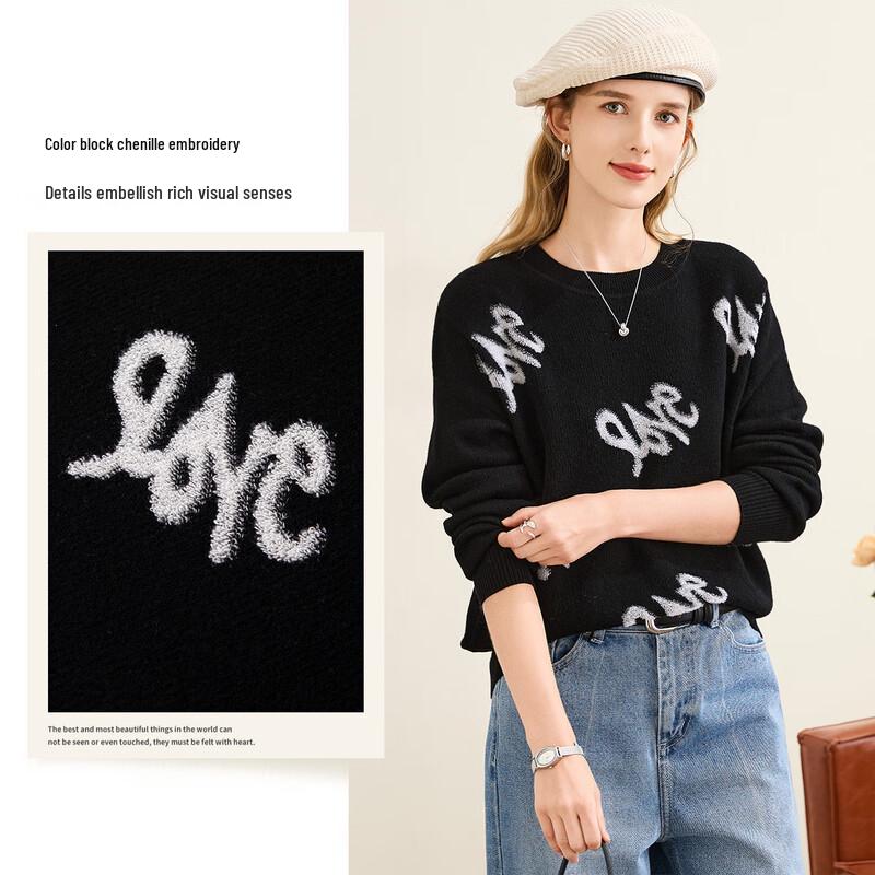 TUHUANG Women's Round Neck Pure Wool Embroidered Pullover Sweater