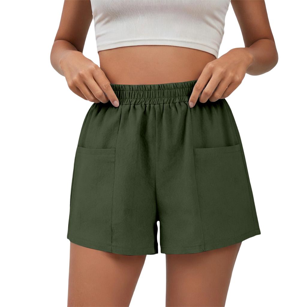 Women's Square Pocket Elastic Waist Drawstring Casual Cotton And Linen Shorts