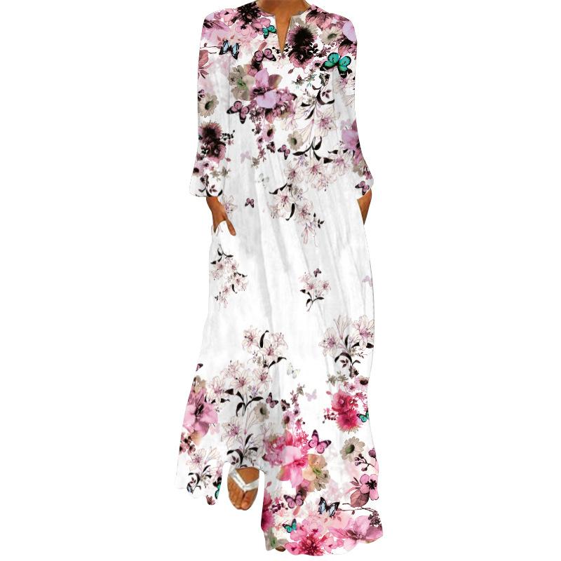 Plus Size Spring and Summer Women's Long Dress V-neck Long-sleeved Pockets Printed Loose Dresses