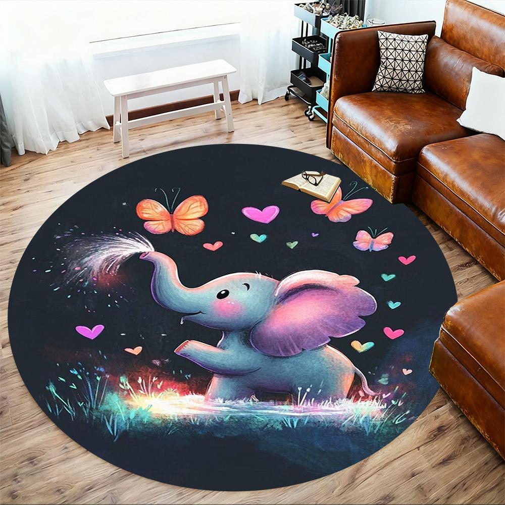 1PC Elephant Butterflies Hearts Round Chair Mat Area Rug - Non-Slip, Floor Mat for Office, Bedroom, Home Decor Christmas Gift C0528082