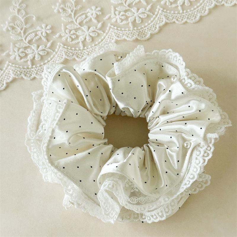 Scattered Pearl Embellished Hair Ties Polka Dot Satin Texture Headwear Double Layer Lace Trim Elegant XXS бежевый