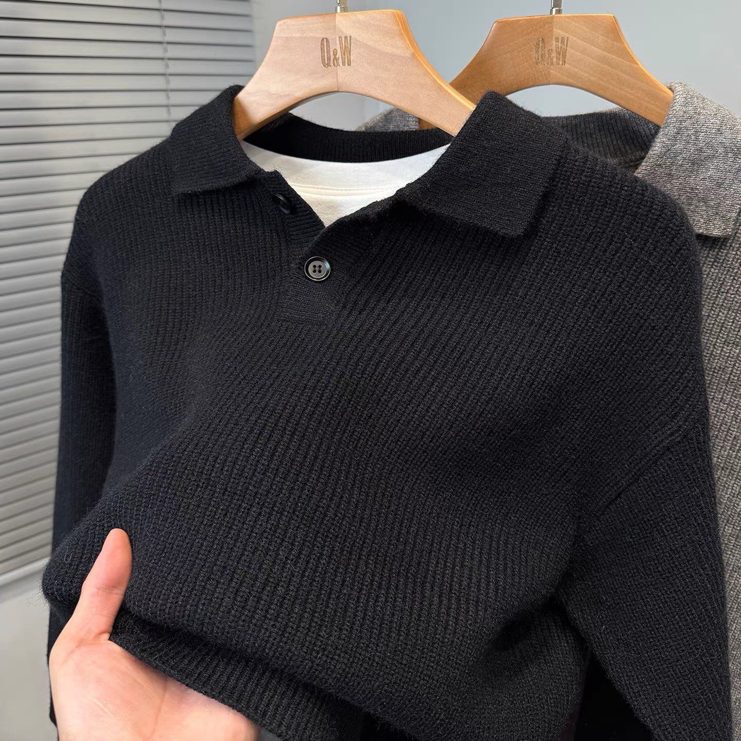

Versatile Solid Color Sweater Men s Lapel Winter Youth Casual Sweater Men s Polo Collar Pullover Thickening XXXL чорний