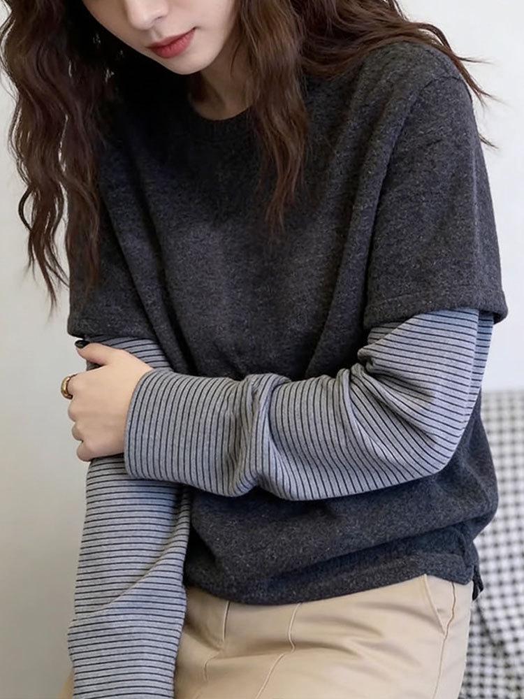 Women's Brushed Stripe Two-in-One Long-Sleeve T-Shirt: Thick, Warm, Versatile Base Layer for Autumn/Winter Fashion