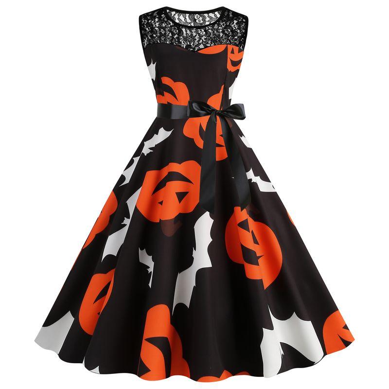 Amazon Fashion Halloween round Neck Print Lace Patchwork A- line Large Hem Mid-Length Sleeveless Vest Dress Women