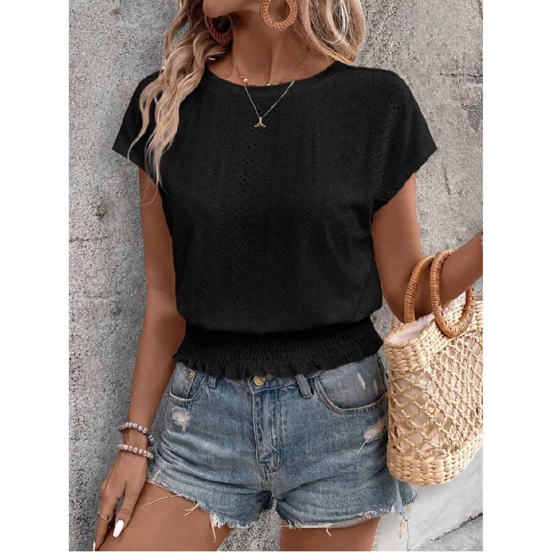 2026 Spring/Summer Jacquard Solid Color Round Neck Ruched Hollow Batwing Short Sleeve Women's T-Shirt for Commuting