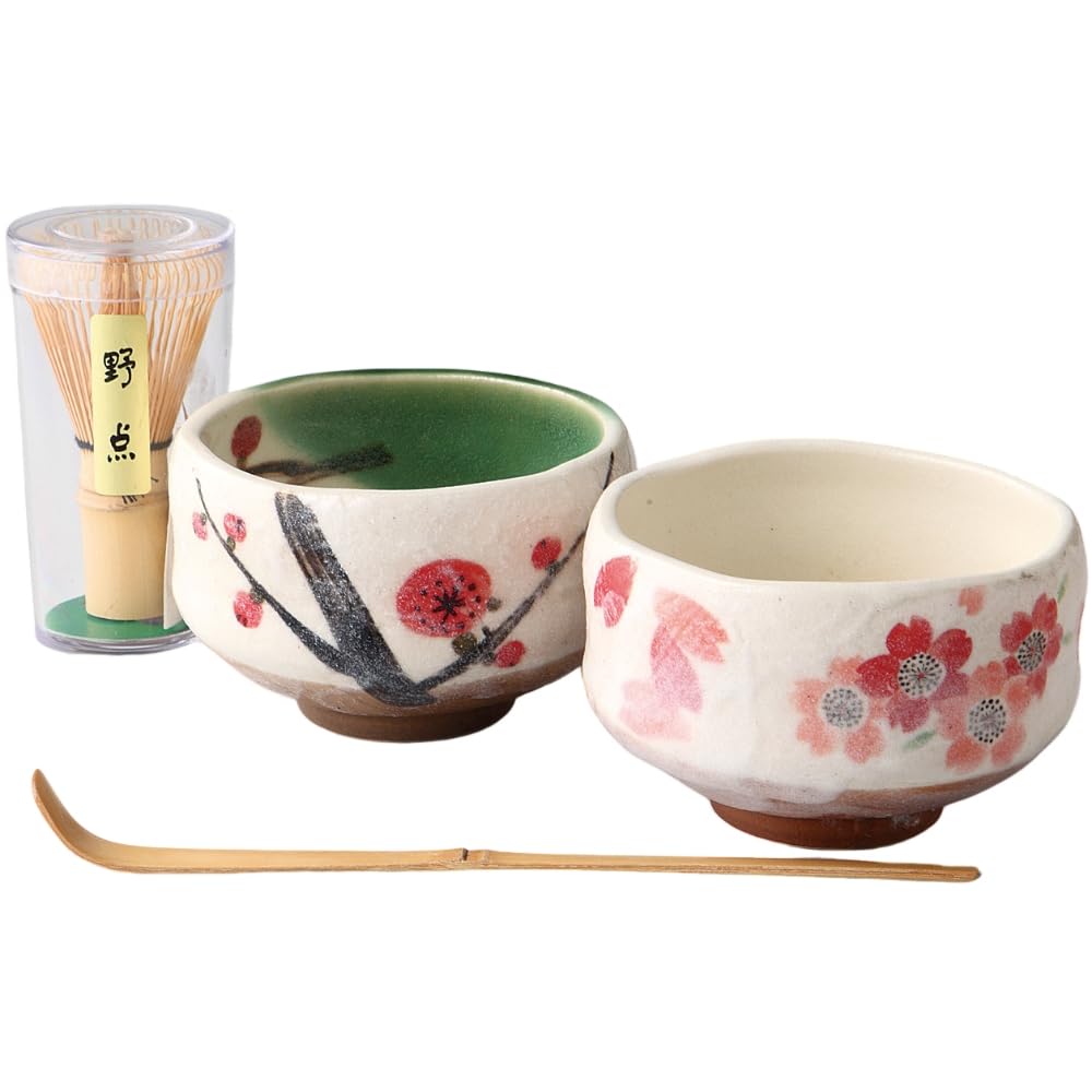 Ale-net Matcha Bowl W9.8 X D9.8 X H6.4cm, Plum & Cherry Blossom Mini Matcha Set, Mino Ware Porcelain, Made In Japan