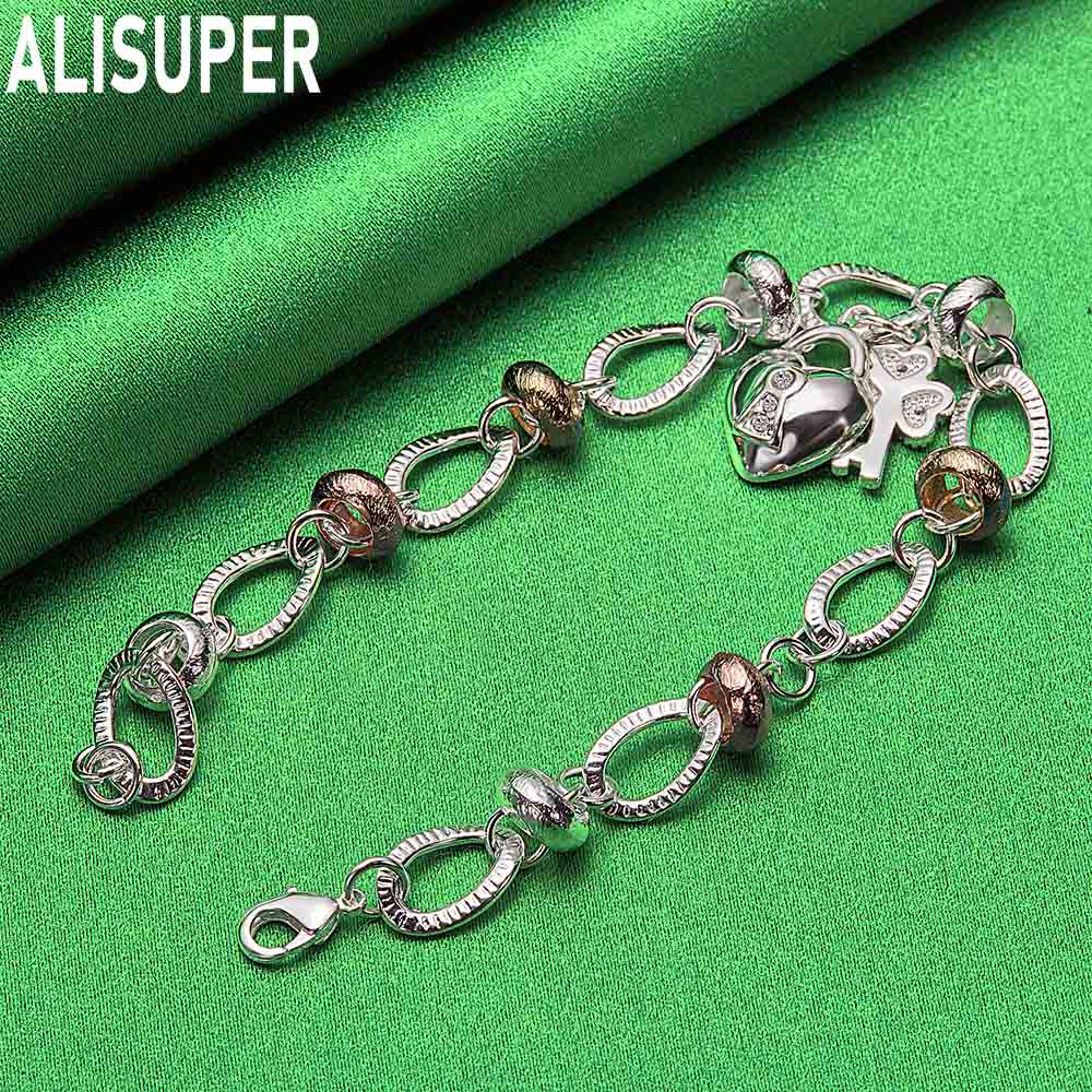 925 Sterling Silver Multi-Element Romantic Heart Side Chain Charming Bracelet Gift Jewelry