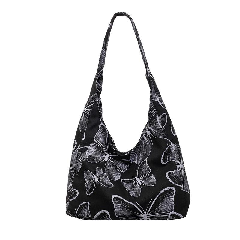 

Холщовая сумка-тоут с принтом бабочки и длинным плечевым ремнем для женщин, для повседневного использования чёрный