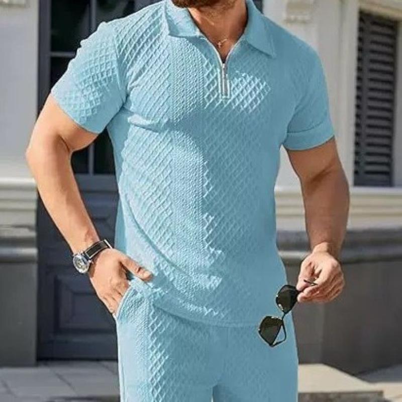Mens Summer Sport Casual Knit Polo Shirt And Shorts Two Piece Set