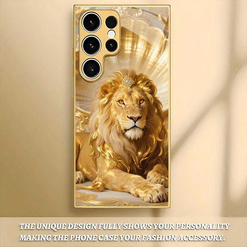 Wunderschöne goldene Löwenkönig gemusterte Glas-Handyhülle geeignet für Samsung Galaxy S26 S25 S24 S22 S21 S20 FE/Ultra/Plus Hartschale