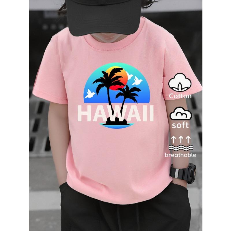 European sizes Boys' T-Shirt Hawaiian Sunset Palm Trees Birds Island,  Ideal for Outdoor Activities, Soft Knitted Top, Comfortable And Breathable