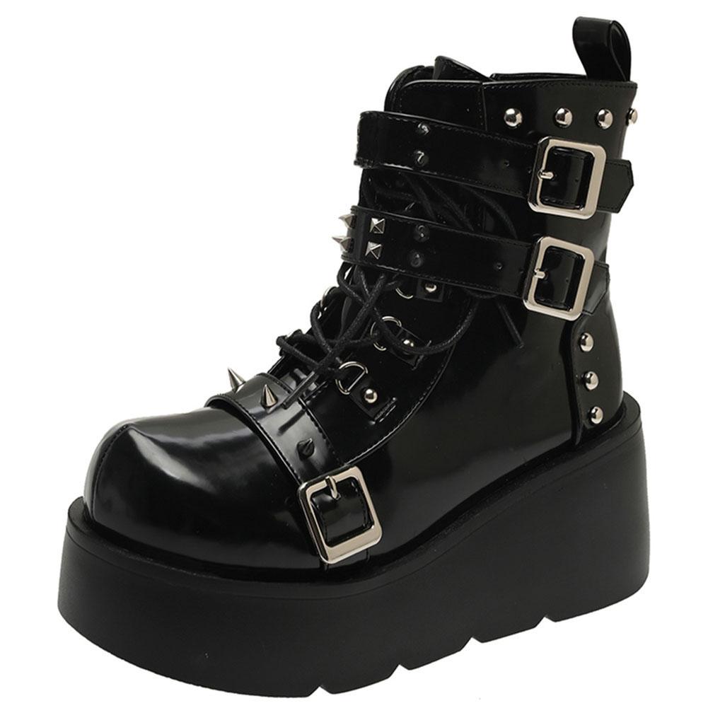 Fashion Brand New Ladies Goth Platform Ankle Boots Fashion Buckle Zip Rivet Punk Wedges High Heels Womens Boots Party Street Woman Shoes