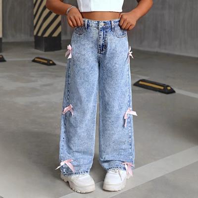 Jeans casuales de moda para adolescentes con decoraciones de lazo y pantalones de pierna ancha