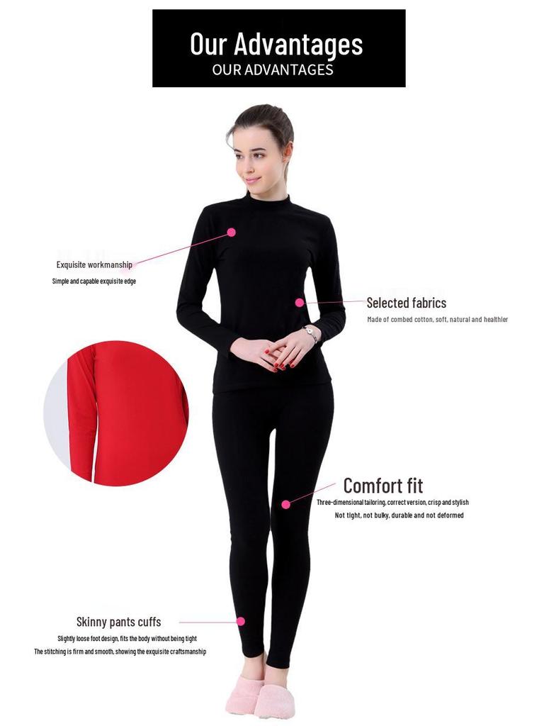 Damski ciepły top z czesanej bawełny z półgolfem - Jednolity kolor warstwa bazowa