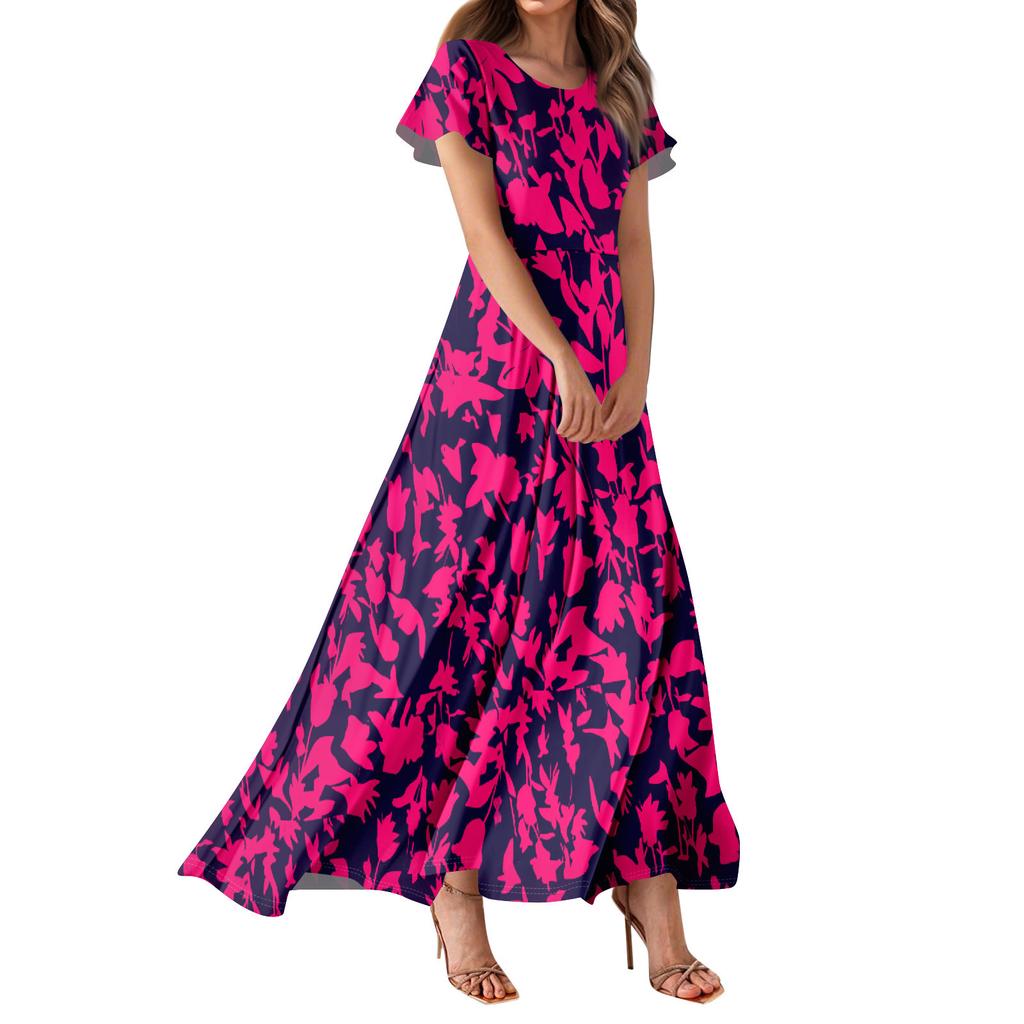 Women's Bohemian Print Casual Round Neck Short Sleeve High Waist Dress Elegant Dress