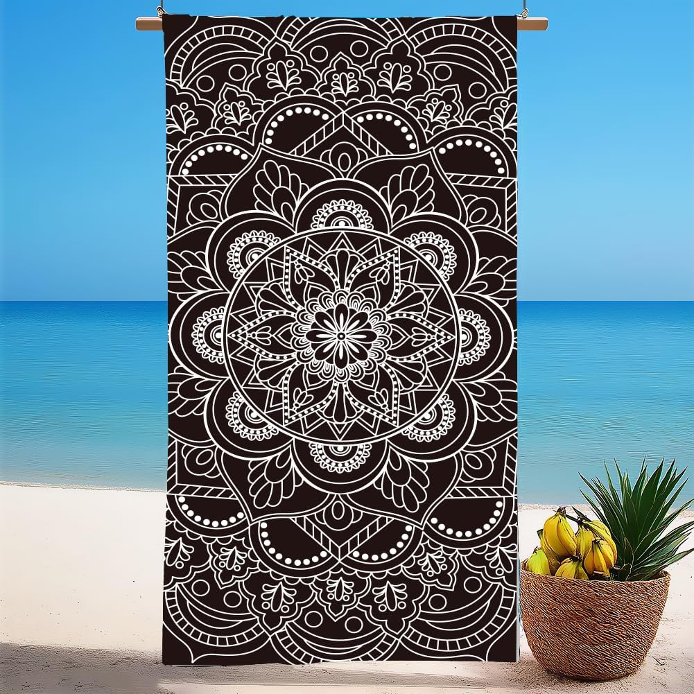 Boho Mandala Beach Towel Microfiber Oversized Lightweight Beach Towel Sandproof Quick Dry Black Flower Towels Swim Pool Beach W40*H60(CM)