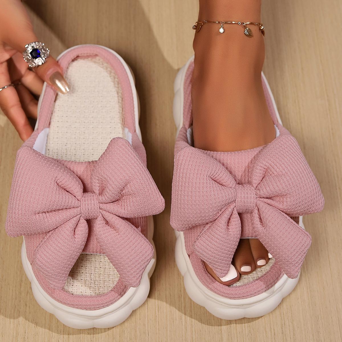 

Милые льняные тапочки с бантом женские на все сезоны домашние комнатные на толстой подошве весенне-осенние хлопково-льняные сандалии летние 42-43 розовый