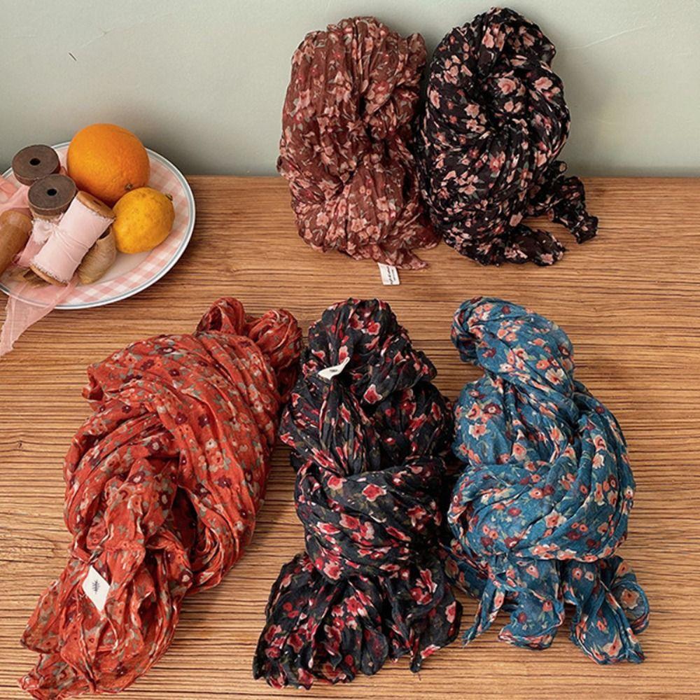 Keep Warm Pleated Printed Scarf Vintage Shawl Wrap Floral Cotton Linen Scarf