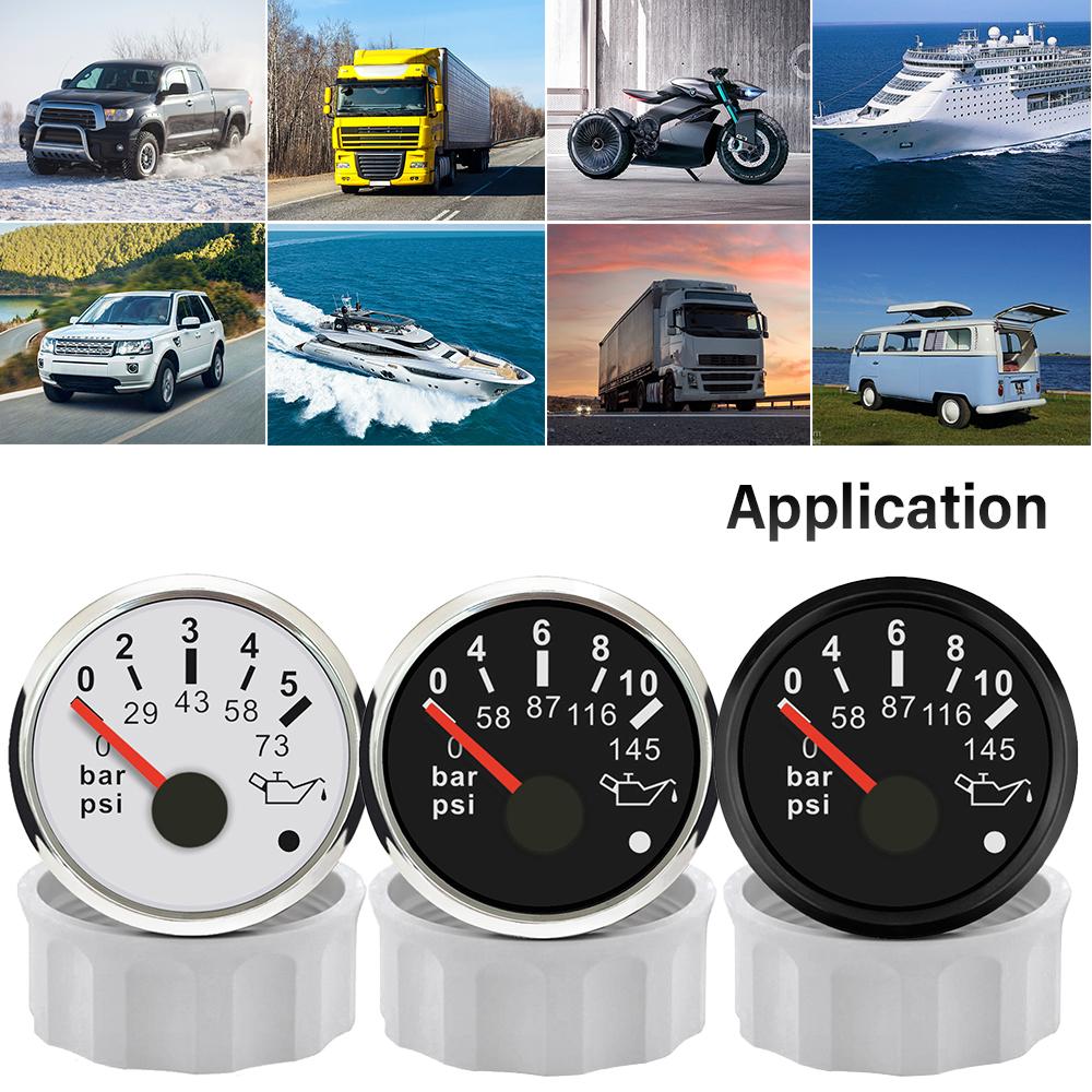 Rhaxel 52mm Oil Pressure Gauge Meter 0-5Bar 0-73PSI 0-10Bar 0-145PSI with Red Backlight with Alarm 12V 24V for Car Yachts