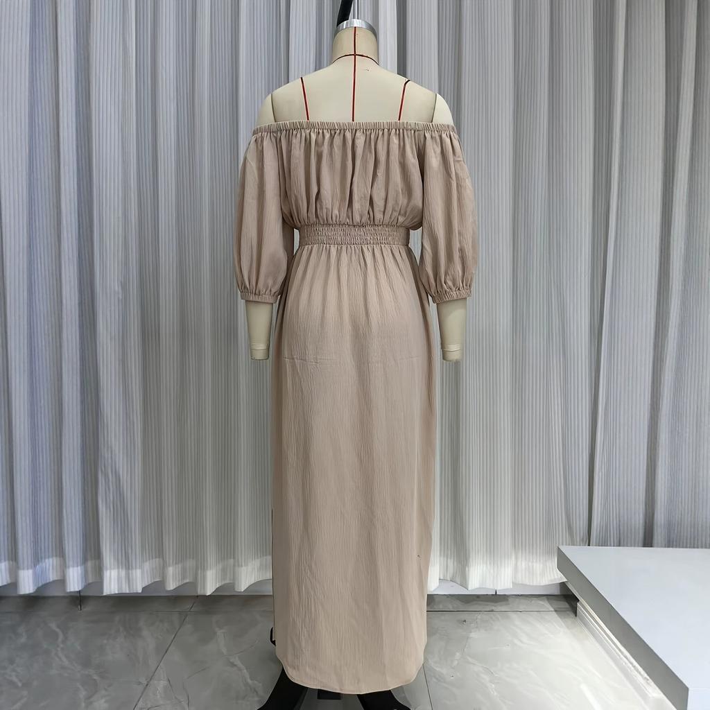 European and American women's clothing summer waist bubble sleeve vacation dress French casual dress apricot one-word shoulder dress