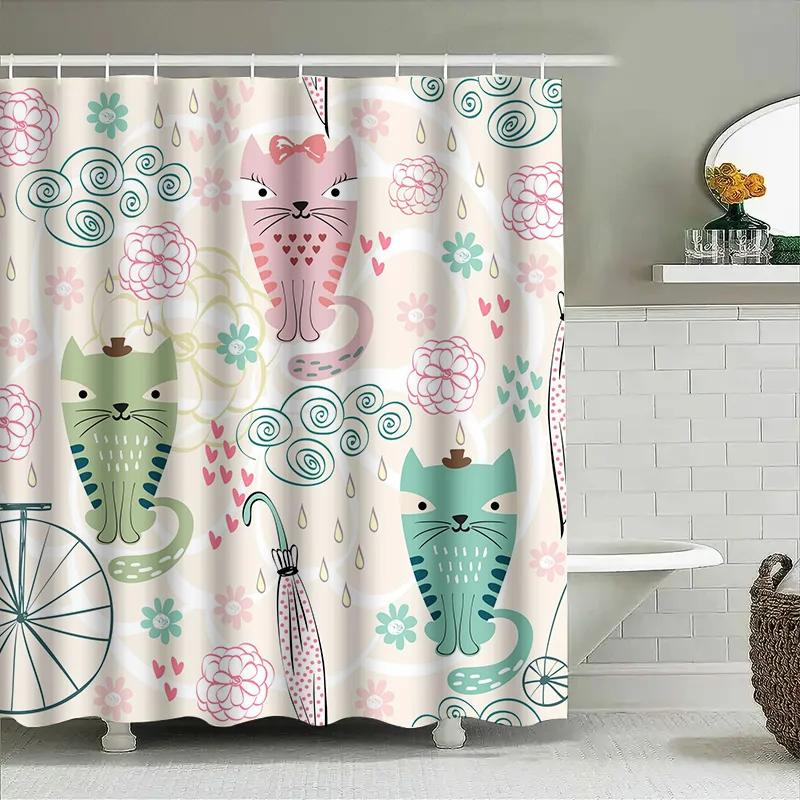 

Pink Green Cat Shower Curtain, Cute Cartoon Print Bath Rug Mat, Waterproof Home Decor, Bathroom Liner Set for Kitchen Sink, Wall W90xH180cm