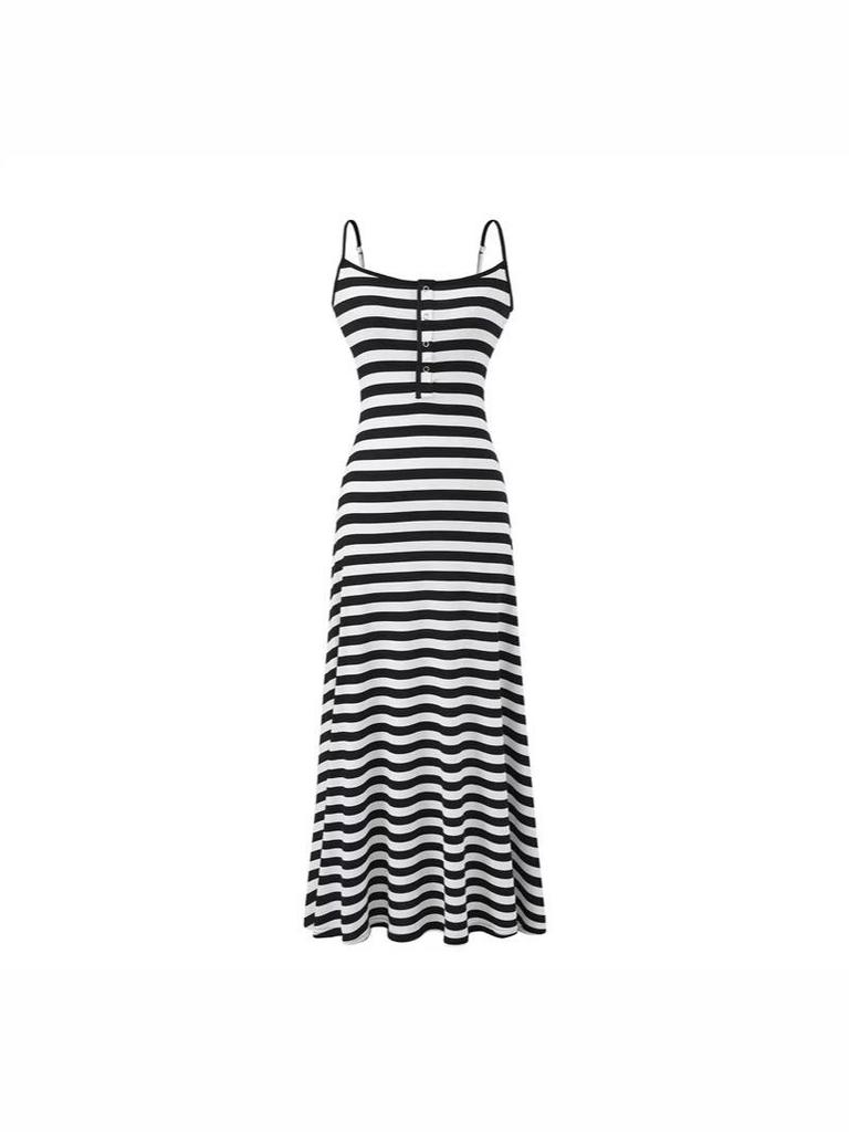 Korean Style Striped Camisole Dress: Elegant, Sleeveless, Off-Shoulder Bodycon Long Skirt