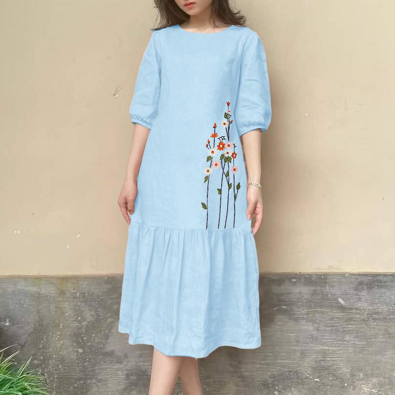 

ZANZEA Women Casual Round Neck Half Sleeve Loose Embroidery Dress L синій
