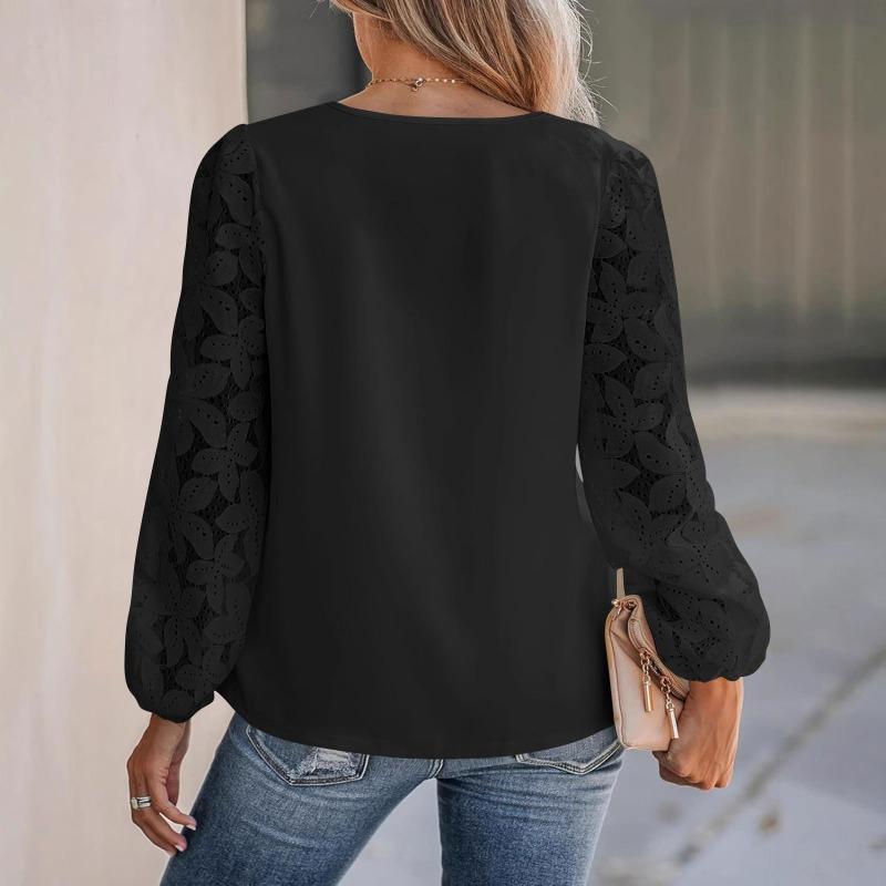 Spring New Women's V-neck Lace Hollow Lace Long-sleeved Loose Pullover Shirt