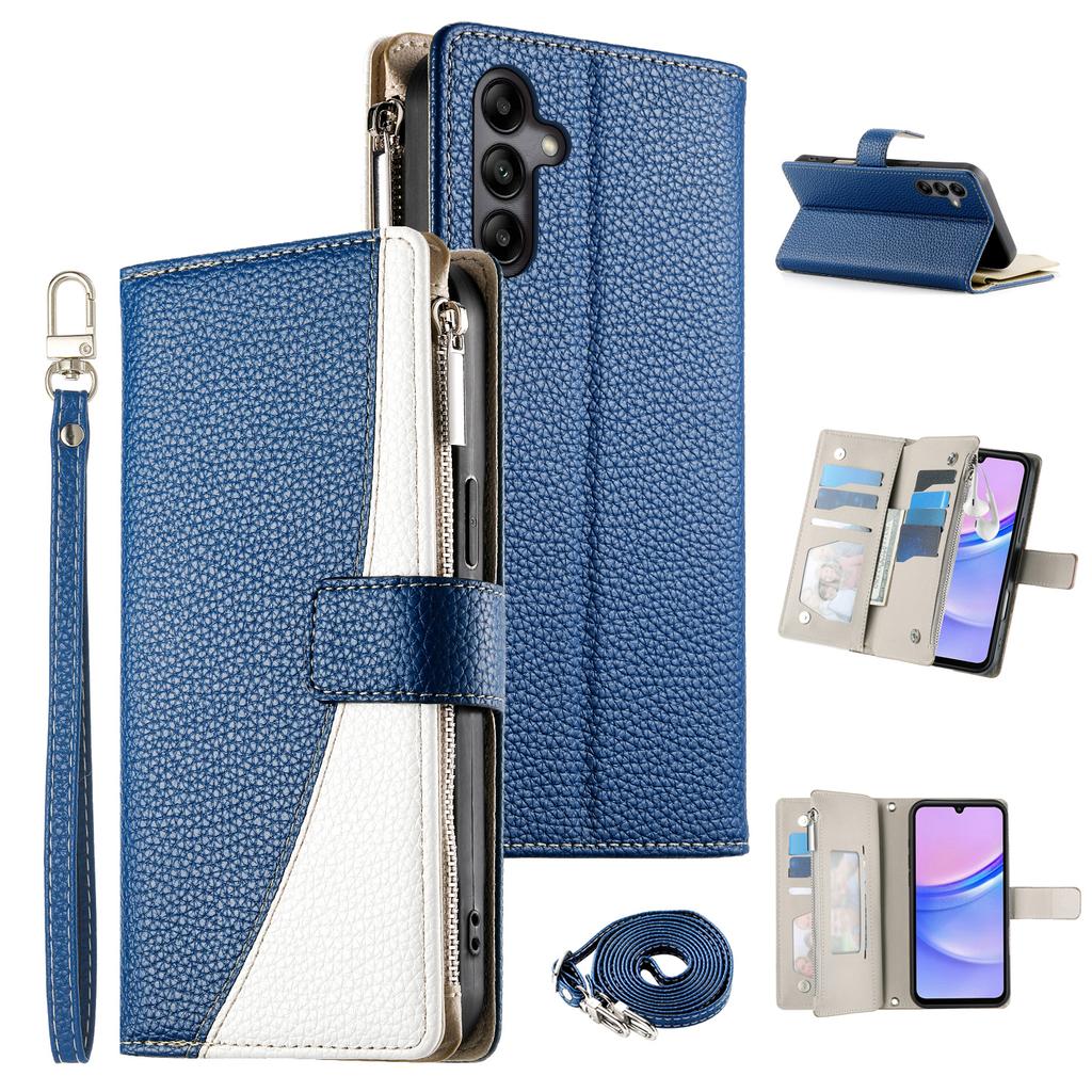 For Samsung Galaxy A05s 4G Case Zipper Wallet Color Splicing Leather Flip Phone Cover with Straps
