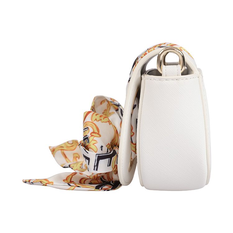 Versace Jeans Couture Logo Print Scarf Tie Flap Polyester Leather Small Round Saddle Shoulder Crossbody Bag Medium Women Bags White 74VA4BAB-ZS467-003