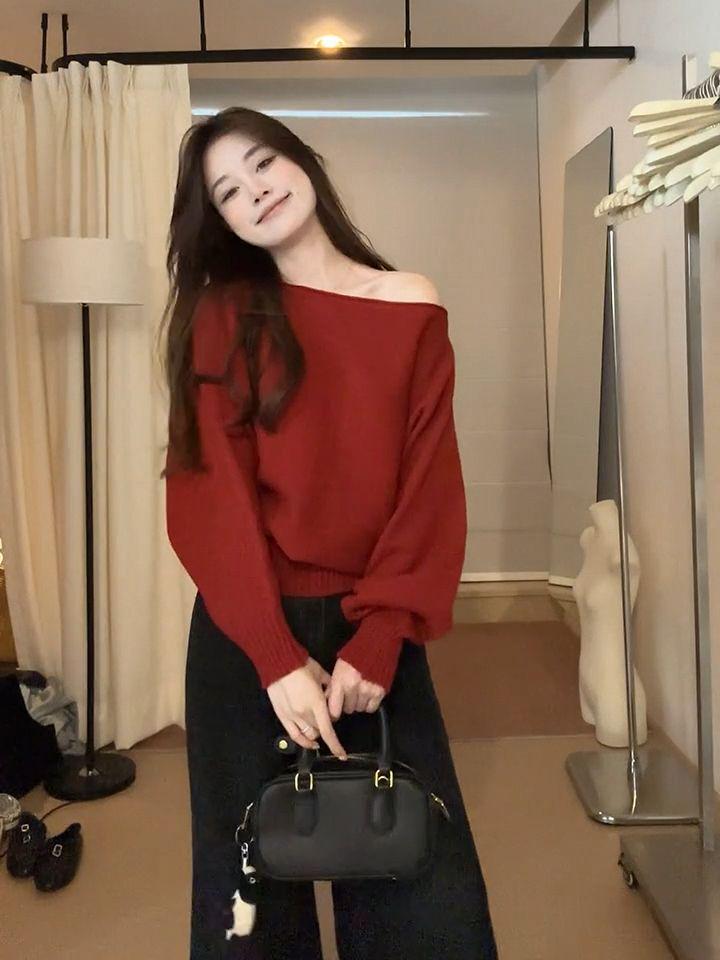 Asymmetrical One-Shoulder Gray Knit Sweater - Women's 2024 Autumn Loose-Fit Pullover