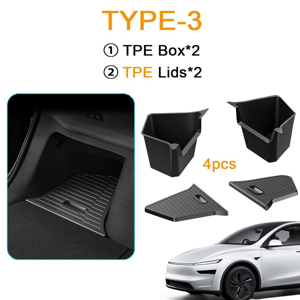 For Tesla Model Y Juniper 2025 Rear Trunk Side Storage Box Cargo Organizer TPE Bin Box Flocking Mat Partition Board Accessories
