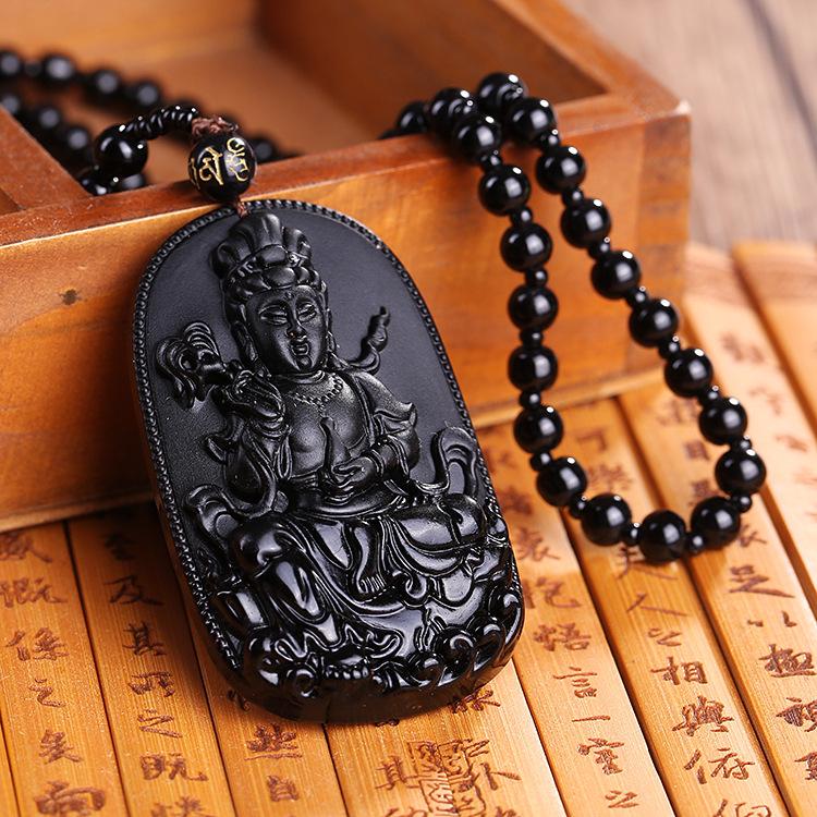 Men's Domineering Pixiu & Dragon Necklace with Guan Yu Pendant - Imitation Obsidian Couples Gift