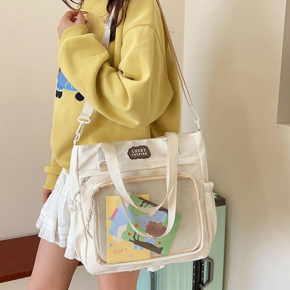 Zipper Transparent Pocket Handbag Large Capacity Canvas Shoulder Bag Sweet Itabag  Girl